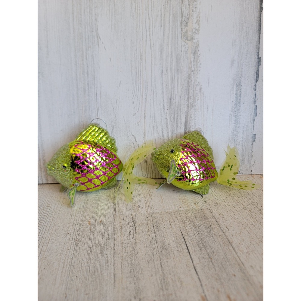 Vintage green fish glitter ornament Xmas set unique home decor figure